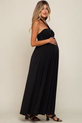 Black Front Knot Halter Maternity Maxi Dress