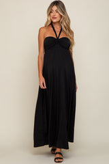 Black Front Knot Halter Maternity Maxi Dress