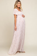 Light Pink Floral Smocked Chiffon Maternity Maxi Dress