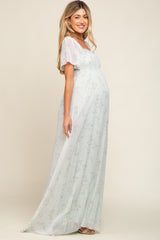 Mint Green Floral Smocked Chiffon Maternity Maxi Dress