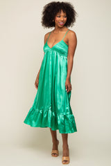 Green Satin Smocked V-Neck Maternity Midi Dress