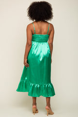 Green Satin Smocked V-Neck Midi Dress