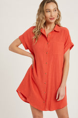 Coral Button Up Shirt Dress With Pocket