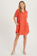 Coral Button Up Shirt Dress With Pocket