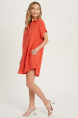 Coral Button Up Shirt Dress With Pocket