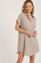 Mocha Button Up Shirt Dress With Pocket