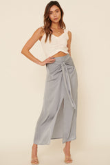 Faded Denim Woven Tie Waist Front Slit Straight Maxi Skirt