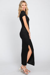 Black Basic Ribbed Side Slit Midi Dress