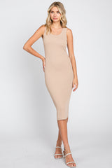 Beige Ribbed Fitted Maternity Midi Dress