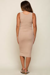 Beige Ribbed Fitted Maternity Midi Dress