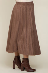 Mocha Suede Pleated Maternity Midi Skirt