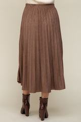 Mocha Suede Pleated Maternity Midi Skirt