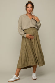 Olive Suede Pleated Maternity Midi Skirt