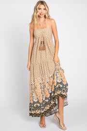 Beige Floral Paisley Halter Maxi Dress