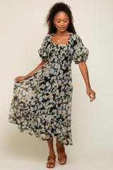 Black Floral Puff Sleeve Maternity Midi Dress