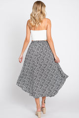 Black Floral Button Accent Midi Skirt