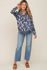 Navy Leaf Print Satin Button Up Maternity Blouse