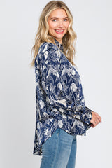 Navy Leaf Print Satin Button Up Blouse