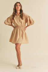 Taupe Elastic Band Waist Shift Dress