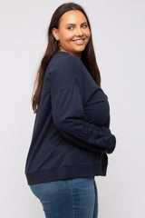 Navy Embroidered Long Sleeve Plus Top