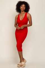 Red Ribbed Knit Fitted V-Neck Maternity Midi Dress