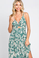 Green Palm Print Front Twist Maxi Dress