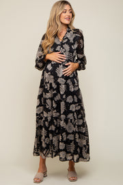 Black Floral Front Button Tiered Maternity Maxi Dress