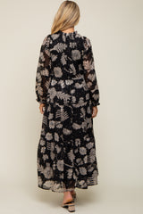 Black Floral Front Button Tiered Maternity Maxi Dress