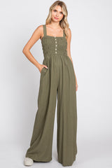 Olive Smocked Button Accent Linen Maternity Jumpsuit