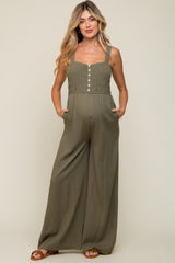 Olive Smocked Button Accent Linen Maternity Jumpsuit