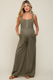 Olive Smocked Button Accent Linen Maternity Jumpsuit