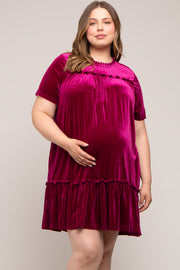 Burgundy Ruffle Accent Velvet Maternity Plus Dress