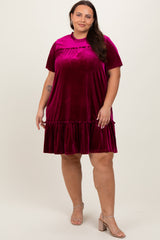 Burgundy Ruffle Accent Velvet Plus Dress