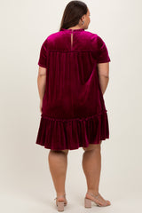 Burgundy Ruffle Accent Velvet Plus Dress