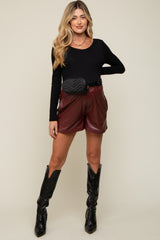 Burgundy Faux Leather Maternity Shorts