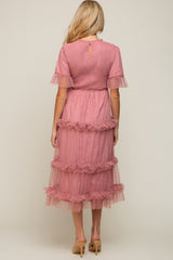 Pink Polka Dot Tulle Smocked Maternity Midi Dress