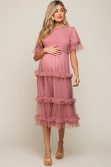 Pink Polka Dot Tulle Smocked Maternity Midi Dress