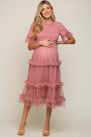 Pink Polka Dot Tulle Smocked Maternity Midi Dress