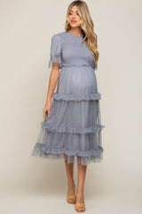 Light Blue Polka Dot Tulle Smocked Maternity Midi Dress