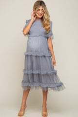 Light Blue Polka Dot Tulle Smocked Maternity Midi Dress