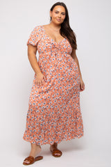 Peach Floral Sweetheart Drawstring Neck Short Sleeve Maternity Plus Midi Dress