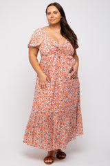 Peach Floral Sweetheart Drawstring Neck Short Sleeve Plus Midi Dress