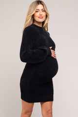 Black Fuzzy Knit Puff Sleeve Maternity Sweater Dress