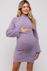 Lavender Fuzzy Knit Puff Sleeve Maternity Sweater Dress