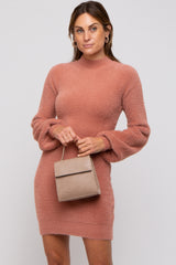 Mauve Fuzzy Knit Puff Sleeve Sweater Dress