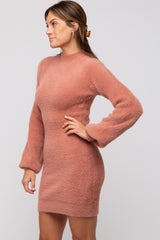 Mauve Fuzzy Knit Puff Sleeve Sweater Dress