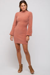 Mauve Fuzzy Knit Puff Sleeve Sweater Dress