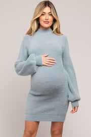 Light Blue Fuzzy Knit Puff Sleeve Maternity Sweater Dress