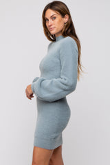 Light Blue Fuzzy Knit Puff Sleeve Sweater Dress