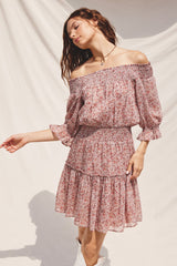 Mauve Floral Off-The-Shoulder Smocked Dress